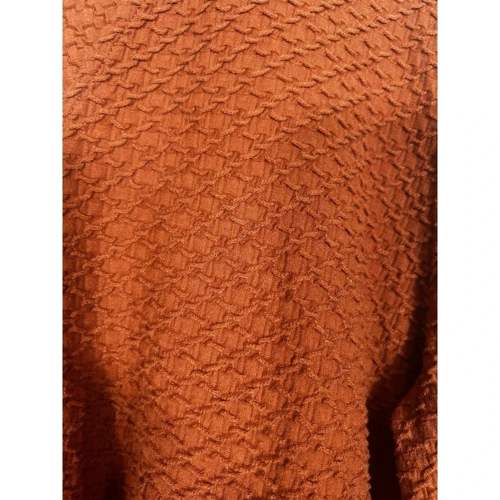 Y2K Babydoll Tunic Top Size XL Boho Peasant Puff Sleeve Burnt Orange Waffle Knit